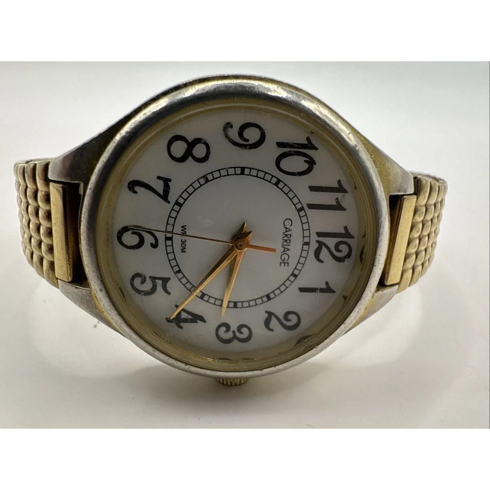 Vintage Timex Carriage Watch, Gold-Tone, Stretch Band, Indiglo, WR 30M